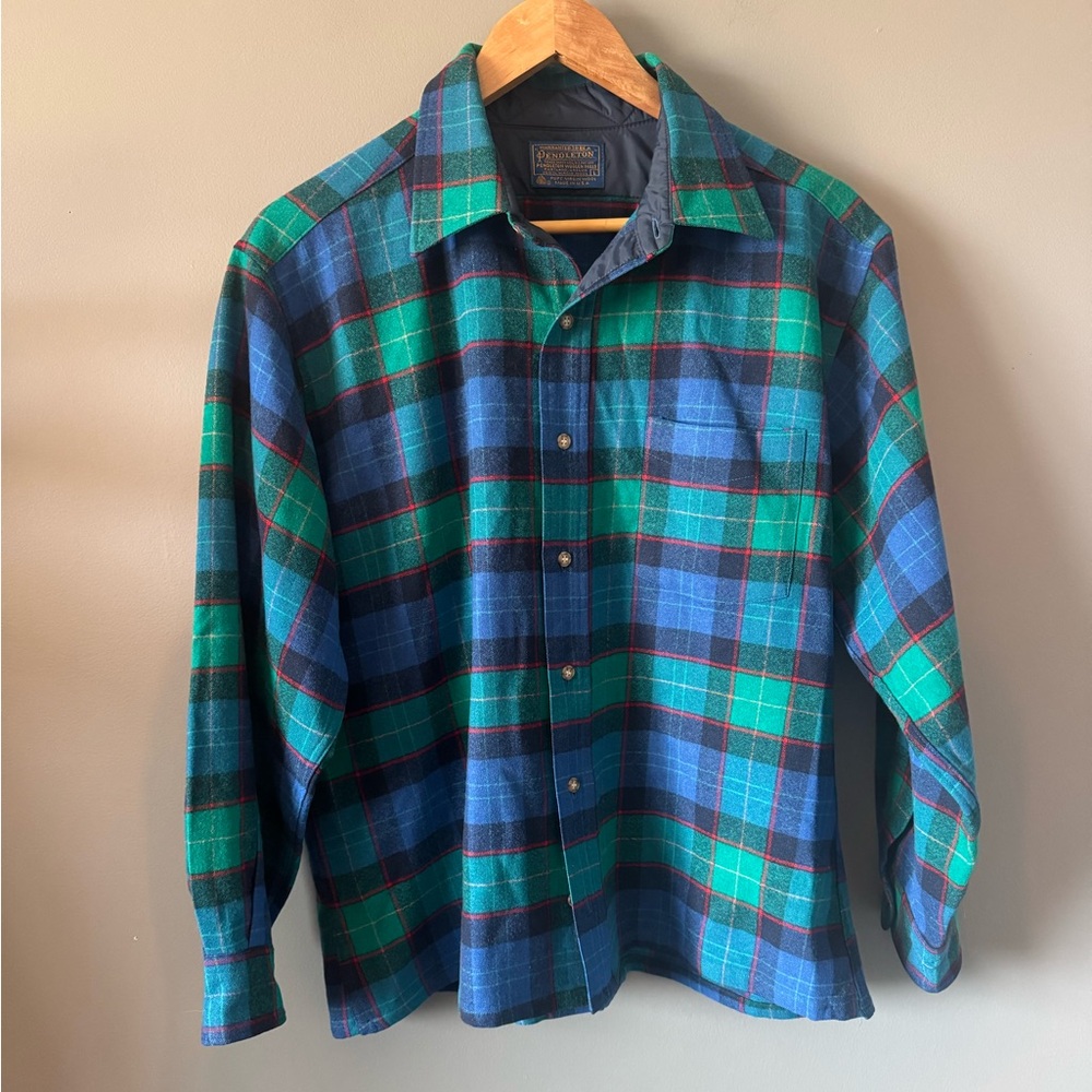 Vintage Pendleton Board Shirt Men’s L Blue Green Plaid 100% Virgin Wool Made USA